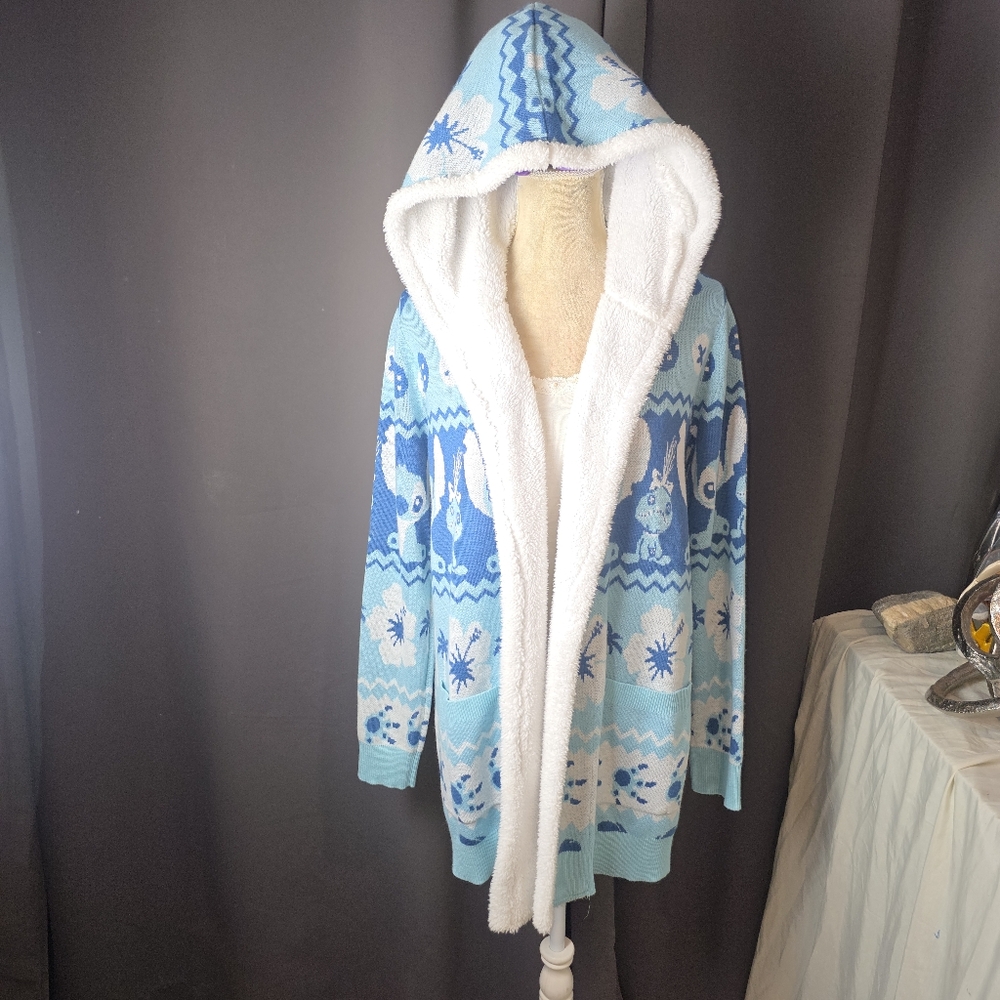 Disney Stitch Hooded Sherpa Lined Cardigan Sweater Blue Cozy Women’s Large